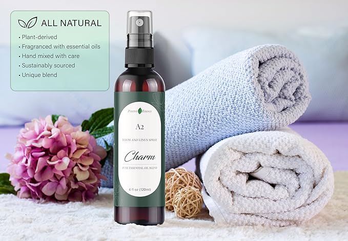 Natural Room & Linen Spray, A2 Charm, Made with Essential Oils & Natural Vegan Ingredients - Freshen Your Space with the Bright Long Lasting Aroma - Non-Toxic and Eco-Friendly, Essential Oil Blend