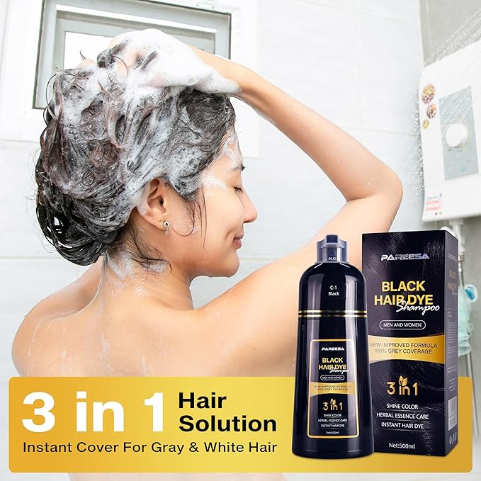 Hair Dye Shampoo 3 in 1 for Gray Hair Shampoo Para Canas Mujer Hair Color Shampoo for Women & Men - Herbal Ingredients Natural Plant Hair Dye 500ML (Black)