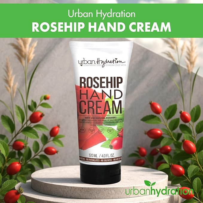 Urban Hydration Rosehip Hand Cream – With Coconut Oil & Vitamin E – Brightens Skin, Deeply Hydrates – Non-Greasy Formula – Ideal for Dry & Sensitive Skin – 4 FL Oz