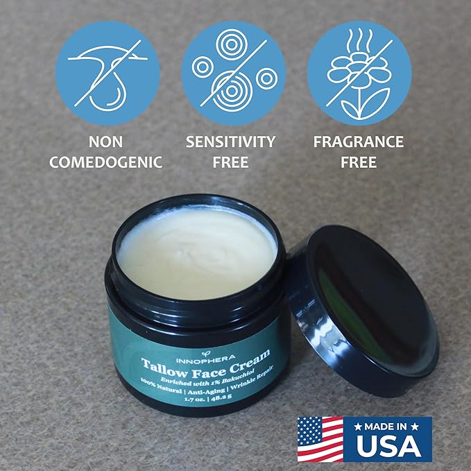 Whipped Beef Tallow Face Anti-Aging Cream ‒ With 1% Bakuchiol ‒ 100% Natural Wrinkle Repair & Moisturizing Face Cream for Sensitive Skin ‒ Unscented ‒ 1.7 oz.