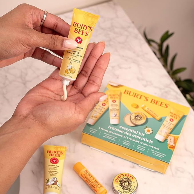 Burt's Bees Christmas Gifts - Essentials Everyday Set, 5 Travel Size Products for Stocking Stuffers - Deep Cleansing Cream, Hand Salve, Body Lotion, Foot Cream and Original Lip Balm