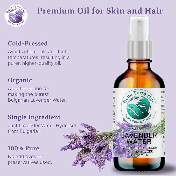 Bella Terra Oils Premium Lavender Water Hydrosol – 1 gallon, Steam Distilled, Refreshing Skin Tonic, Soothing Aroma, Hydrating for Skin