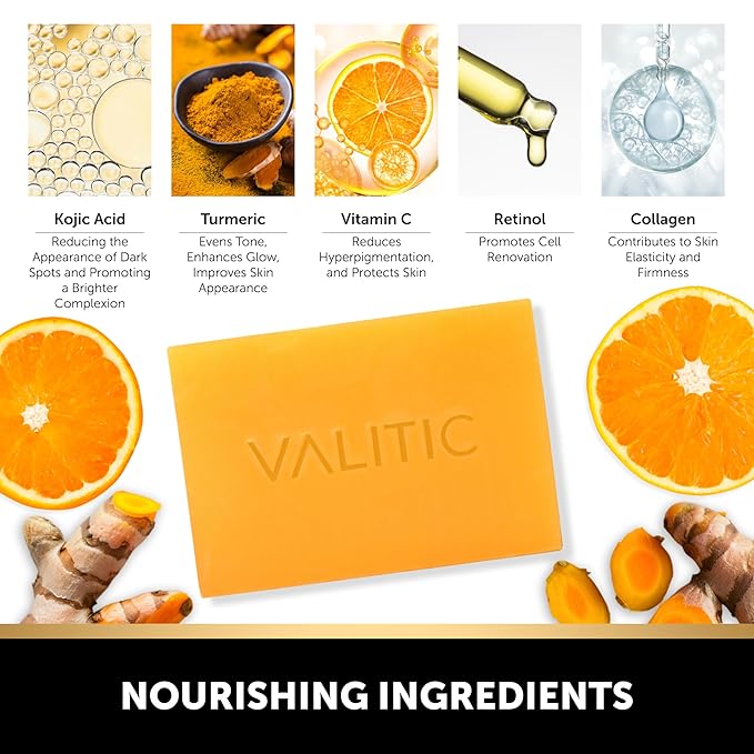 VALITIC 2 Pack Kojic Acid Vitamin C & Retinol Soap Bars for Dark Spot & A Pair Of Black Exfoliating Gloves for Body Scrubs