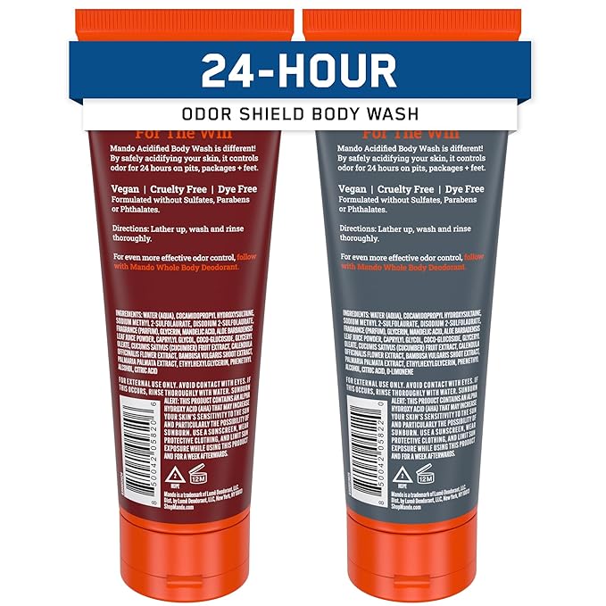 Mando Acidified Body Wash - 24 Hour Odor Control - Removes Odor Better than Soap - Formulated without SLS or Phthalates - Skin Safe - 8.5 Ounce (Pack of 2) - Bourbon Leather and Mt Fuji