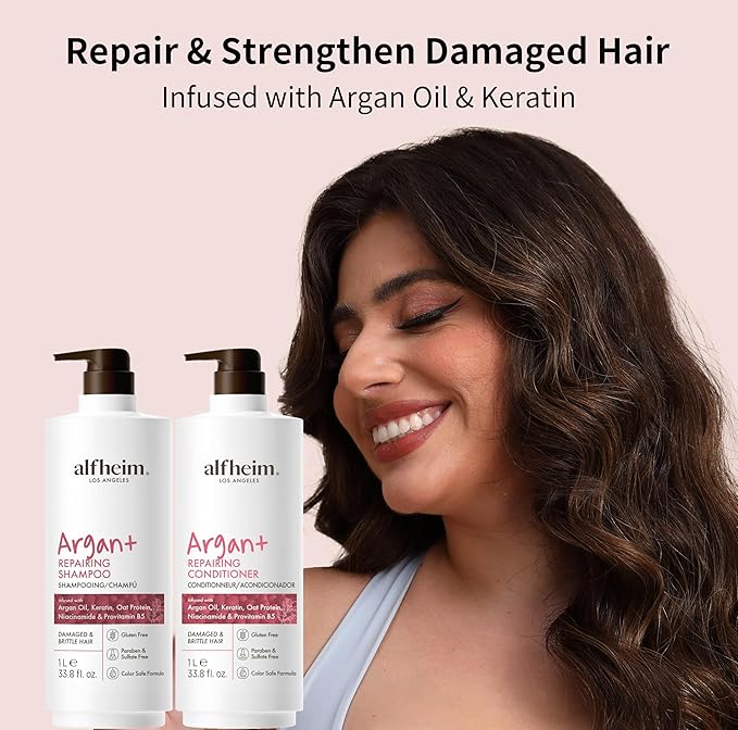 Alfheim Argan Repairing Shampoo & Conditioner Set | Sulfate-Free for Dry & Damaged Hair | Argan Oil, Keratin & Niacinamide Infused to Strengthen & Moisturize, Reduce Breakage & Anti-Frizz | 33.8oz*2