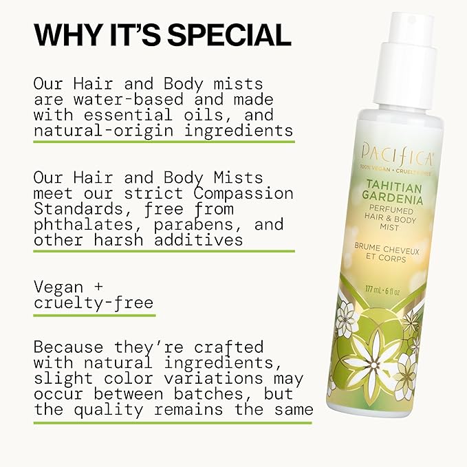 Pacifica Beauty, Tahitian Gardenia Hair Perfume & Body Spray, Citrus Gardenia and Jasmine Notes, Clean Perfume & Fragrance, Vegan & Cruelty Free, Phthalate-Free, Paraben-Free