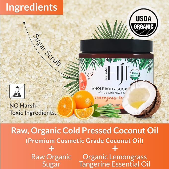 Whole Body Scrub - Infused with Coconut Oil, Exfoliating Sugar Scrub for Smooth and Soft Skin, Exfoliates & Restores Skin's Natural Biosphere, Lemongrass Tangerine 20 oz