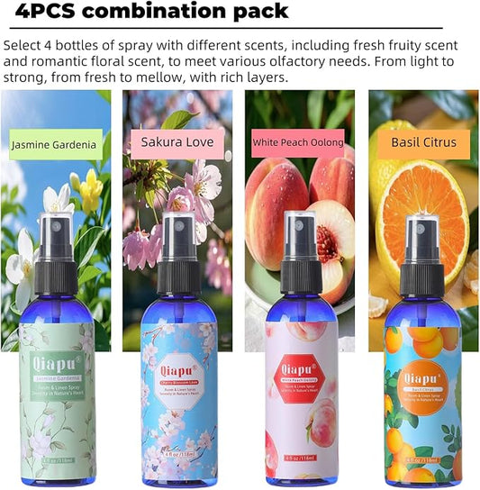 Natural Bedroom Linen Spray Scented Room Mist with Plant Extracts Long Lasting Freshness for Sheets, Pillows & Curtains – 4oz 4Bottle(Cherry Blossom + Citrus + White Peach + Gardenia)