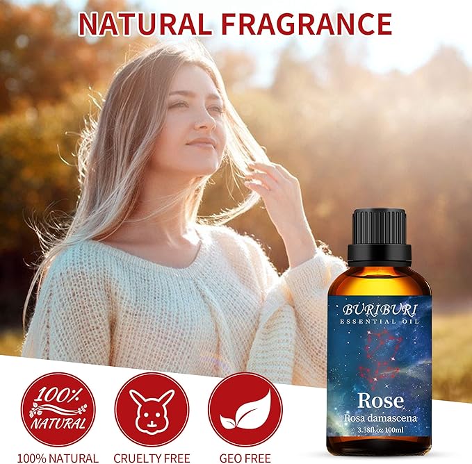 BURIBURI Rose Essential Oil 100ML Gifts Set 100% Pure Natural Undiluted Aromatherapy Rose Oil 3.38fl.oz for Soap, Candle Making, Massage, Diffuser, Humidifier