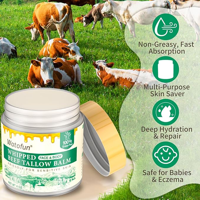 Beef Tallow for Skin - Deep Moisturizer for Dry, Sensitive Skin - With Raw Honey, Beeswax, Olive Oil - Non-Greasy, Unscented, All-Natural Face & Body Repair Cream
