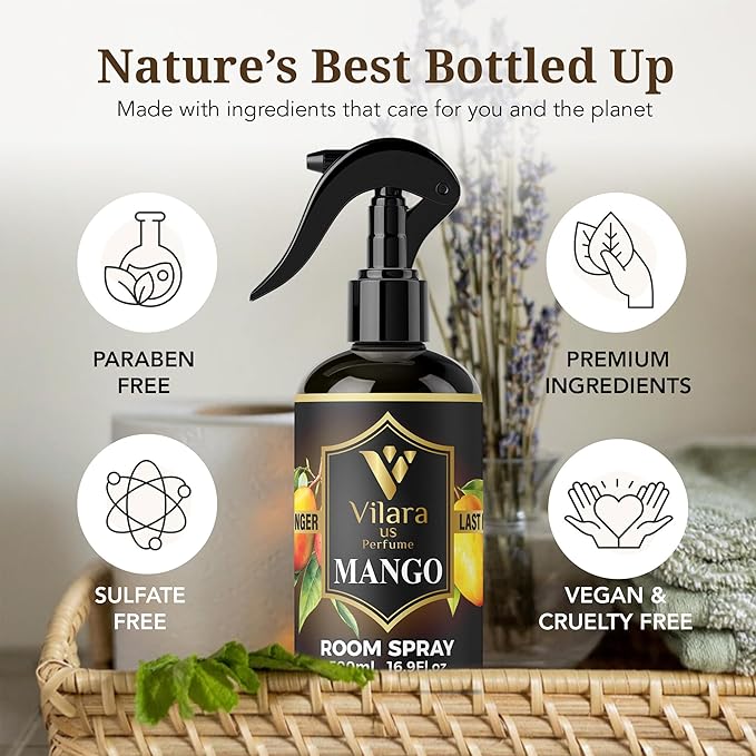 Vilara US Room Spray Freshener – Long-Lasting Luxury Perfume Scent, Linen & Fabric Spray for Bedding, Furniture, Home & Bedroom Aromatherapy – 16.9 fl oz (Mango)