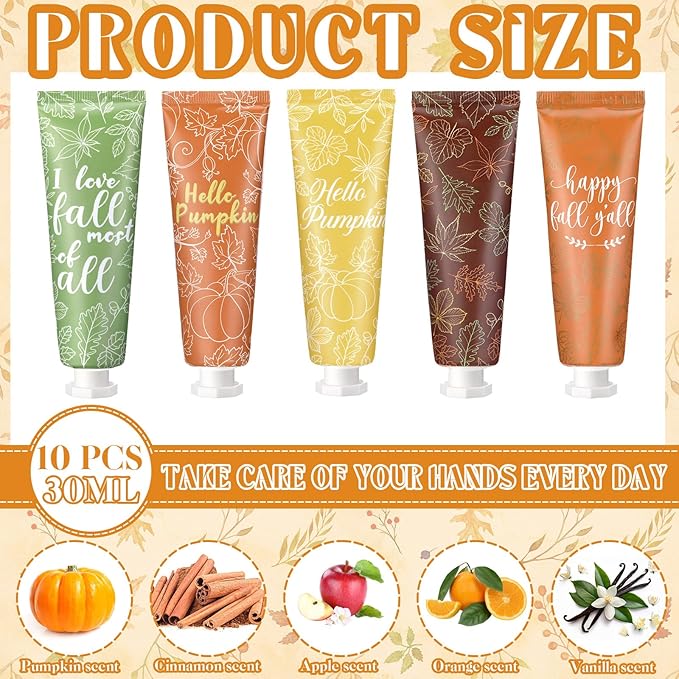 10 Pcs Fall Hand Cream Bulk, Mini Pumpkin Lotion, 30ml Natural Botanical Fragrance Fall Lotion for Chapped Hands, Thanksgiving Favors, Employee Gifts, Baby Shower, Travel, Work, Team, Staff