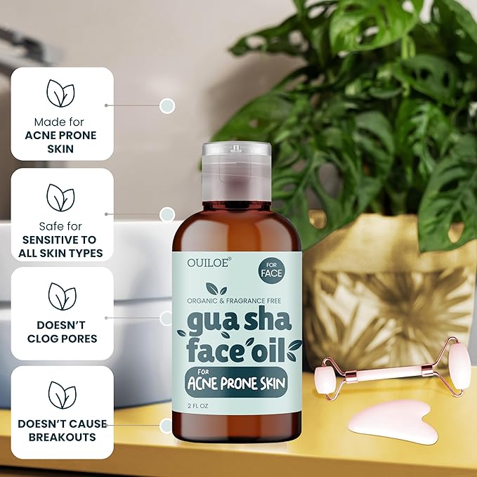 Gua Sha Oil for Face - Lymphatic and Anti Aging Facial Oil for Gua Sha Massage - Safe for Acne Prone Skin - Organic, Non Comedogenic, Fragrance Free, Lightweight - Use with Guasha Facial Tools, 2oz