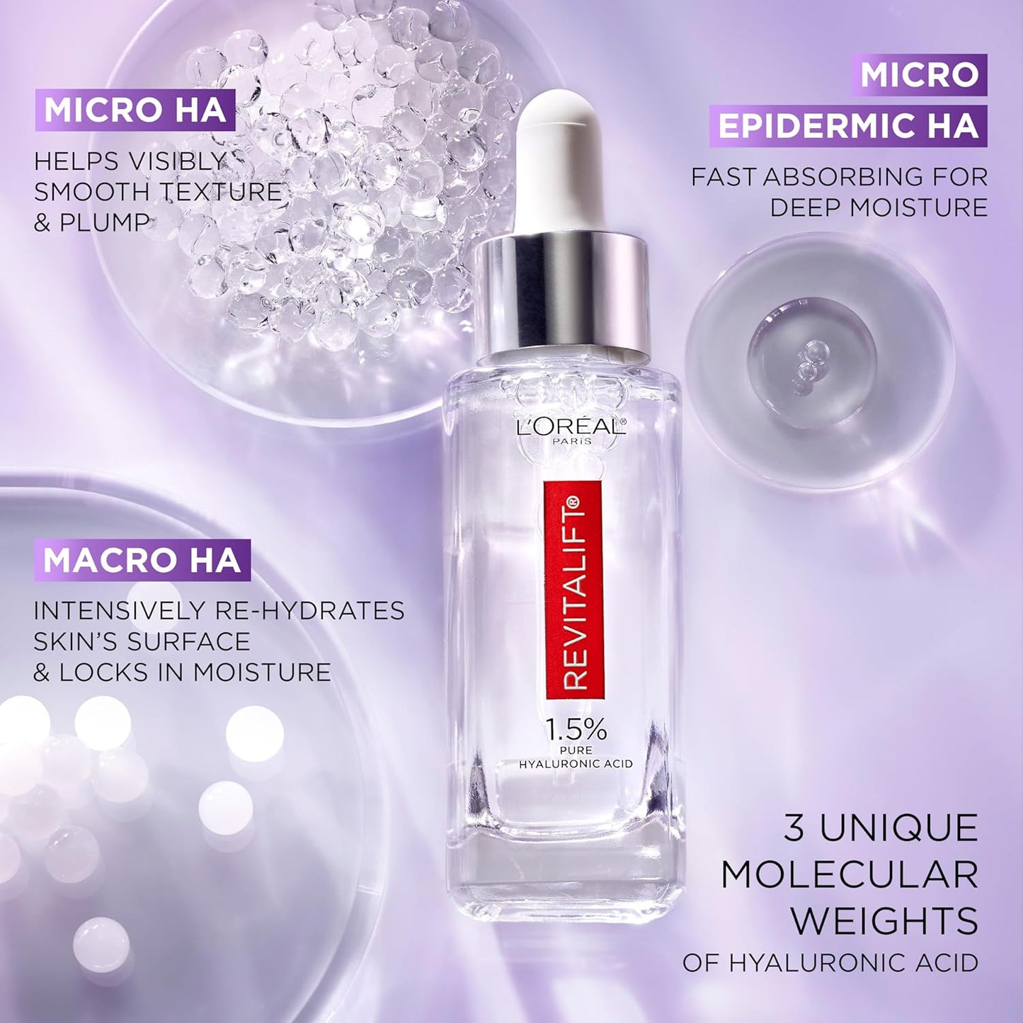 Hydrating Hyaluronic Acid Serum 1.5% for Face – Anti-Aging, Wrinkle-Reducing Serum for All Skin Types | Revitalift Pure HA Serum, Fragrance-Free, 1 Oz