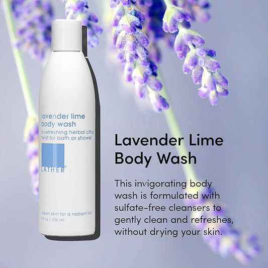 LATHER - Lavender Lime Natural Body Wash, 8 fl oz - Shower Gel Cleanser - Gentle Body Soap - Essential Oils - Chamomile, Ginseng, Rosemary - All Skin Types, Vegan, Cruelty Free - Beauty & Skincare