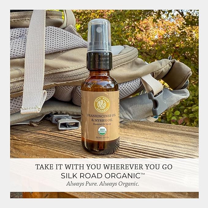 Silk Road Organic Frankincense Oil & Myrrh Essential Oil Spray, 100% Pure USDA Certified Aromatherapy for Body Aches, Stiffness & Tingling, Stress Relief, & Skin - 1 Oz Spray