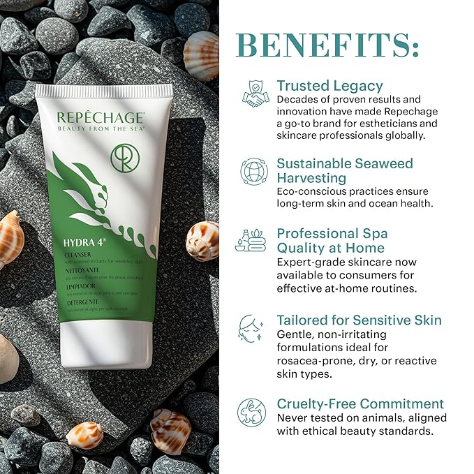 Repechage Hydra 4 Cleanser with Seaweed Extracts for Sensitive Skin - Daily Hydrating Gentle Cleanser, Removes Waterproof Makeup, Exfoliating Lactic Acid, Balances and Moisturizes Skin, 6 oz.