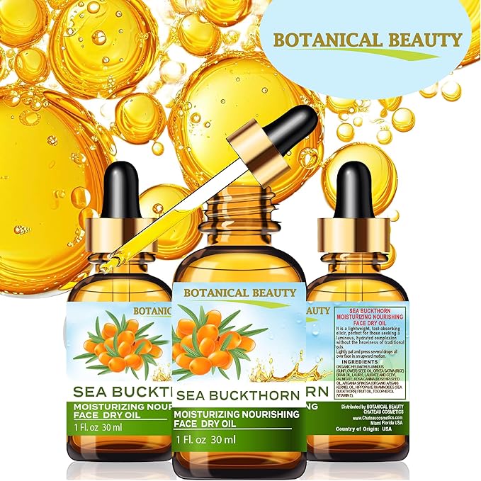 Botanical Beauty SEA BUCKTHORN MOISTURIZING NOURISHING FACE DRY OIL 100% Natural. 1 Fl oz 30 ml Rice Bran, Rosehip, Organic Argan, Sea Buckthorn Fruit Oil, Face Moisturizer, Rejuvenate, Anti-aging