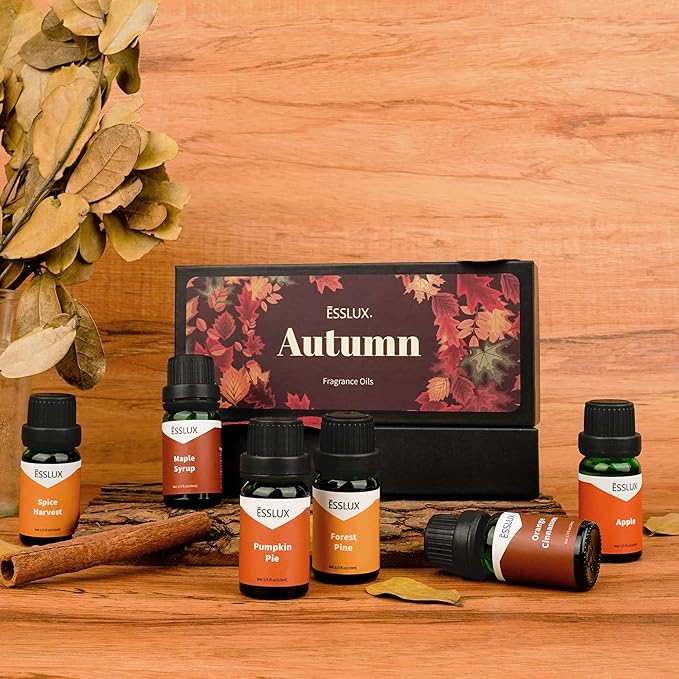 Fall Fragrance Oil, ESSLUX Autumn Essential Oils Set, Soap Candle Making Scents, Fall Scented Essential Oils for Home Diffuser Laundry, Forest Pine, Orange Cinnamon, Pumpkin Pie, Maple Syrup, 6X10 ml