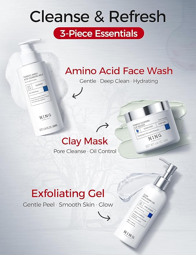 Skin Care Set – Tembusu Essence 8-Step Routine with Amino Cleanser Clay Mask Toner Salicylic Acid Serum Cream Eye Treatment – Hydrating Moisturizing Anti-Aging All Skin Types