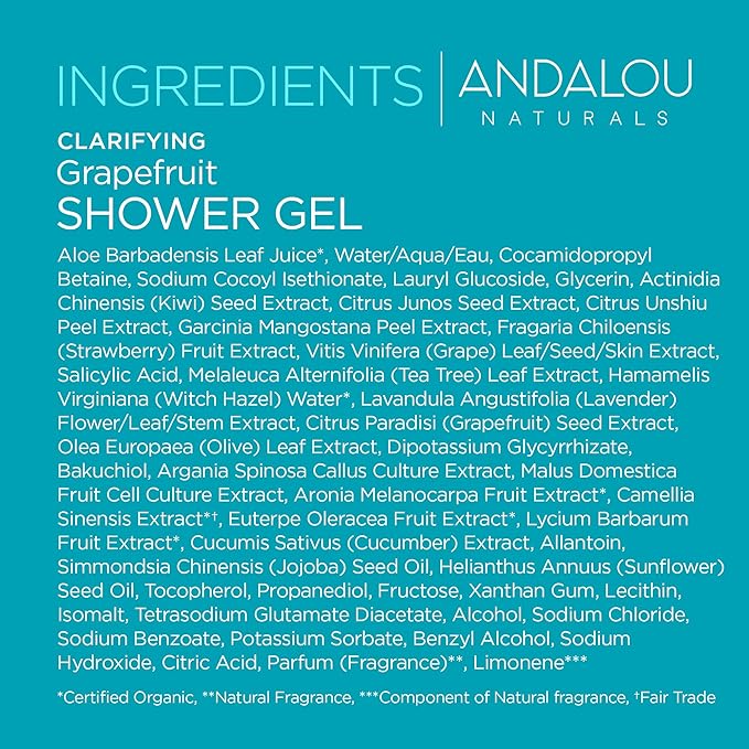 Andalou Naturals Body Wash, Clarifying Grapefruit Shower Gel, Gentle Exfoliating Salicylic Acid Body Wash with Tea Tree & Witch Hazel, Targets Back Acne, Blemishes & Excess Oil, 8.5 fl oz (Pack of 2)