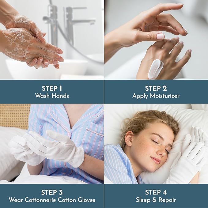 Cottonnerie Original Cotton Gloves for Dry Hands Sleeping, Moisturizing Gloves Overnight, Hand Moisturizer Gloves, Moisture Gloves for Dry Hands Overnight, Sleeping Gloves, Medium 4 Pairs