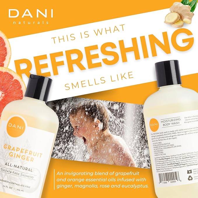 DANI Naturals Sulfate-Free Shampoo - Grapefruit Ginger – Detoxifying & Clarifying Formula for Oily, Thick & Curly Hair, 12 oz – Nourishing, Vegan, & Color-Safe