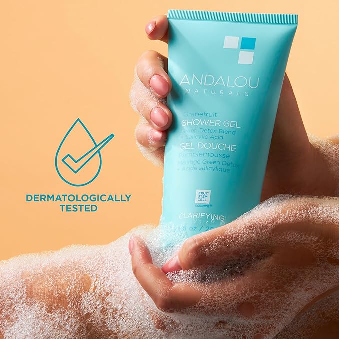 Andalou Naturals Body Wash, Clarifying Grapefruit Shower Gel, Gentle Exfoliating Salicylic Acid Body Wash with Tea Tree & Witch Hazel, Targets Back Acne, Blemishes & Excess Oil, 8.5 fl oz (Pack of 2)