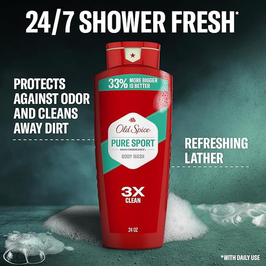 Old Spice Refreshing Body Wash for Men, High Endurance, 3X Defense, 24/7 Shower Fresh with Long Lasting Scent, Pure Sport Scent, 24 oz (Pack of 4)