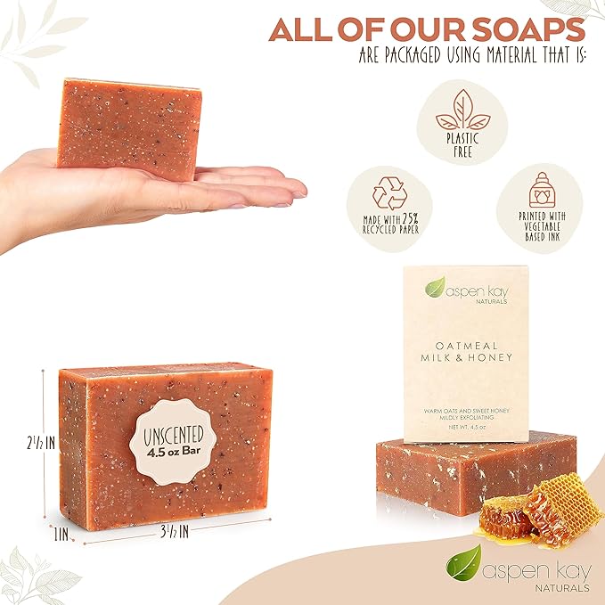 Aspen Kay Naturals Goats Milk, Honey & Oatmeal Soap Bar – with Organic Raw Honey, Goats Milk, Rolled Oats & Shea Butter - Exfoliating Soap – For All Skin Types - Handmade in Florida. (6 pack)