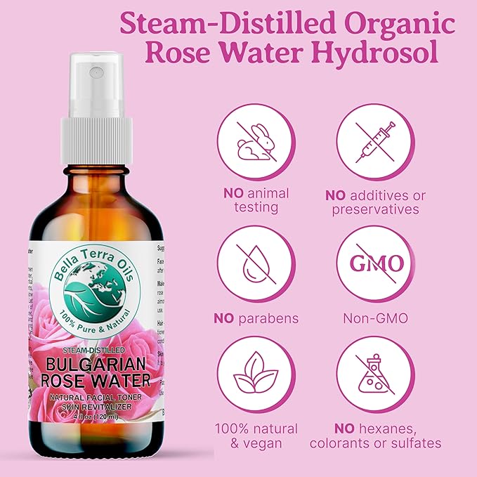 Bella Terra Oils Rose Water Hydrosol β 1 Gallon | Pure, Gentle Facial Toner & Mist | Natural Skin Tonic, Makeup Setting Spray | Organic, Steam-Distilled