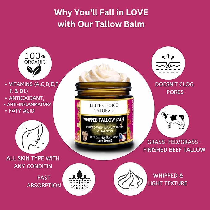 Whipped Tallow Balm with Raw Manuka Honey – Fragrance-Free & Essential Oil-Free, Anti-Aging Face, Neck & Décolleté Cream – Boosts Collagen, Reduces Wrinkles, Fine Lines, Puffiness & Sunburn (2 oz)
