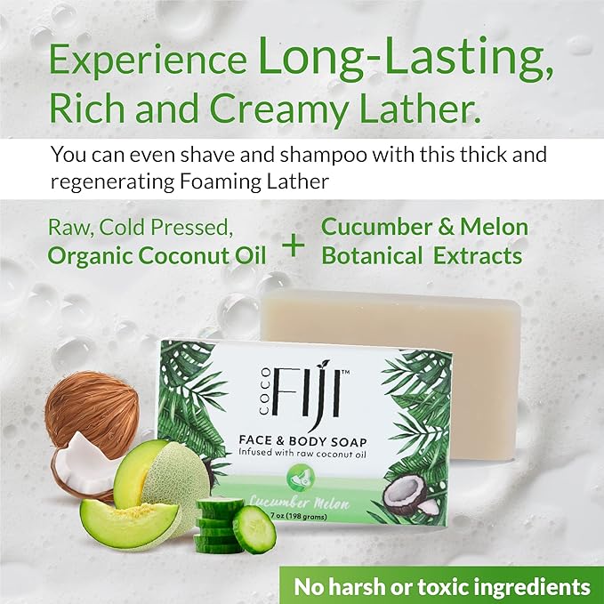 "Coco Fiji Soap Bar for Face and Body Infused With Organic Coconut Oil, Cucumber Melon, Essential Oil, Natural Soap for Moisturizing & Pore Purifying Skin, 7 oz, Pack Of 3 "