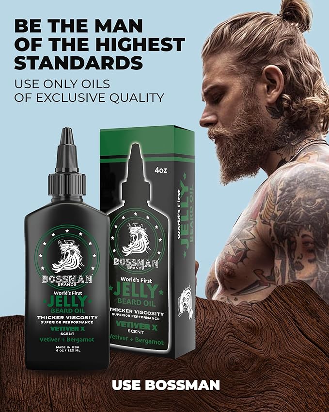 Bossman Jelly Beard Oil for Men (4 oz, Vetiver X Scent) – Softens, Moisturizes & Conditions with Natural Ingredients