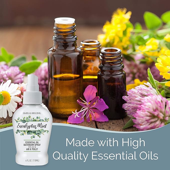 SMELLS BEGONE 4 oz Essential Oil Air Freshener Bathroom Spray - Eliminates Bathroom & Toilet Odors - Made with Essential Oils - Eucalyptus Mint Scent