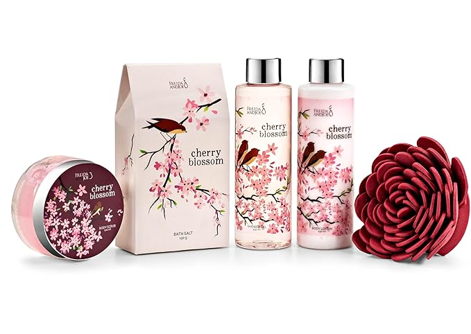 Elegant Modern Cherry Blossom Bath and Body Gift Set - 6pc Home Spa Set with Shower Gel, Body Lotion, Bath Salt, Body Scrub & Pouf in Wooden Curio