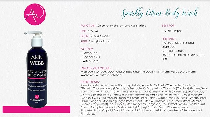 Skin Care Sparkly Citrus Body Wash: All Natural Moisturizing Body Wash for Women and Men with Great Citrus Scent (16oz)