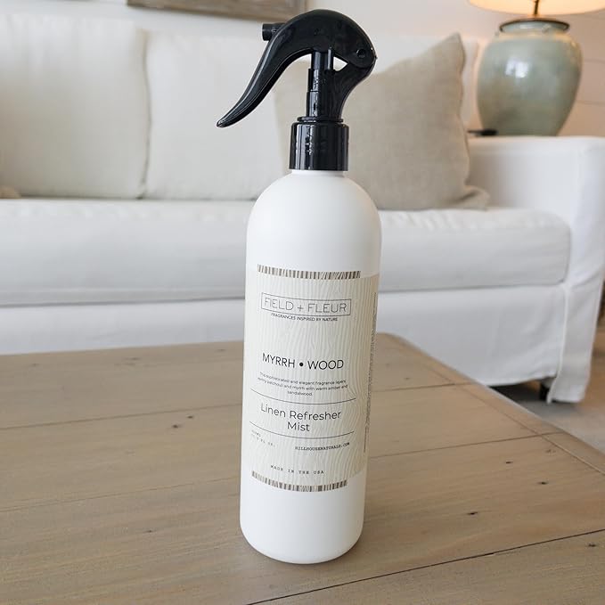 Field + Fleur by Hillhouse Myrrh Wood Linen Refresher Mist 15.5oz - Elegant Home Fragrance Spray for Bedding, Sofas, & Clothes - Patchouli, Myrrh, Amber & Sandalwood - Made in the USA