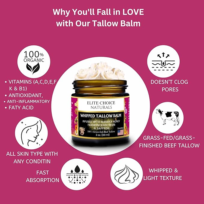 Whipped Tallow Balm with Raw Manuka Honey & Frankincense – Organic Anti-Aging Face, Neck & Décolleté Cream– Boosts Collagen, Reduces Wrinkles, Fine Lines, Pigmentation, Puffiness & Sunburn (2 oz)