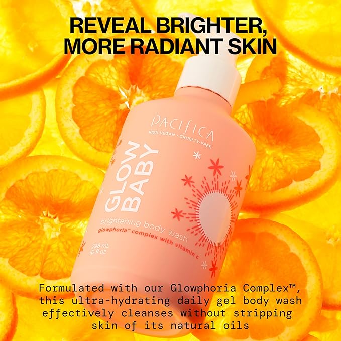 Pacifica Glow Baby Brightening Body Wash – Vitamin C & AHA Exfoliating Body Wash for Glowing Skin, Moisturizing Daily Shower Gel for Dull Dry Skin, Niacinamide & Kakadu Plum, Vegan, 10 oz