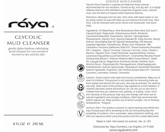 Raya Glycolic Mud Facial Cleanser with AHA 16 oz (G-103) | Exfoliating pH Balanced Facial Cleansing Fluid for Non Sensitive, Dry and Combination Skin | Made with Alpha Hydroxy Acid and Volcanic Mud