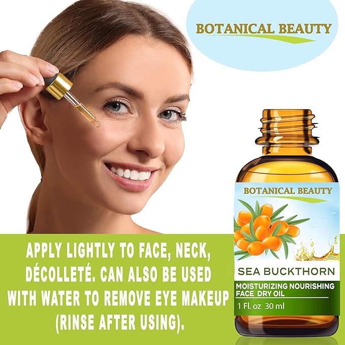 Botanical Beauty SEA BUCKTHORN MOISTURIZING NOURISHING FACE DRY OIL 100% Natural. 1 Fl oz 30 ml Rice Bran, Rosehip, Organic Argan, Sea Buckthorn Fruit Oil, Face Moisturizer, Rejuvenate, Anti-aging