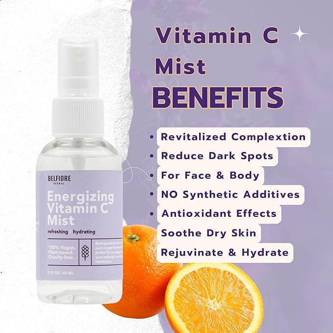 Vitamin C Mist Spray Set, Organic Face & Body Hydration, 100% Natural Orange Plant Extracts, Vegan non-GMO, 2 ounce (3 Pack)