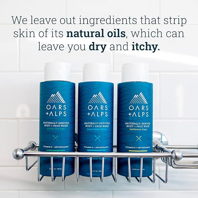 Oars + Alps Men's Moisturizing Body and Face Wash, Skin Care Infused with Vitamin E and Antioxidants, Sulfate Free, Alpine Tea Tree, 3 Pack