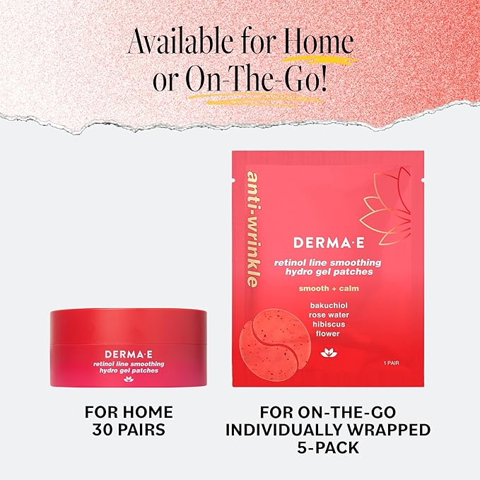 DERMA E Retinol + Bakuchiol Under Eye Patches (5 Pairs) Non-Irritating, Line Smoothing Hydro Gel Eye Patches with Rose Water & Real Hibiscus Petals, Helps Reduce Fine Lines, Crows Feet & Wrinkles,10Ct