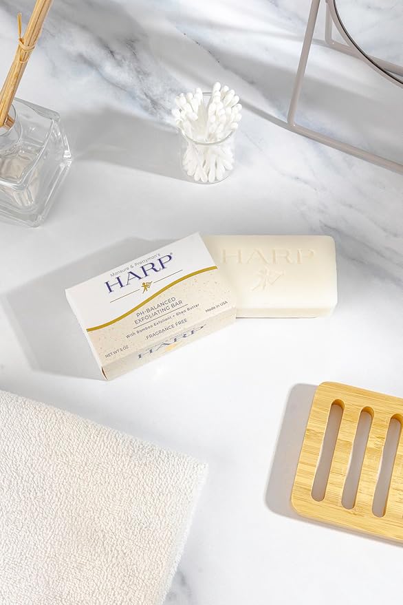HARP pH-Balanced (5.0-6.0) Exfoliating Body Wash Bar - FRAGRANCE FREE. Bamboo Powder Exfoliation -the perfect consistency. Soap/Lye/Preservative/Dye/Masking agent-Free. Non-comedogenic.
