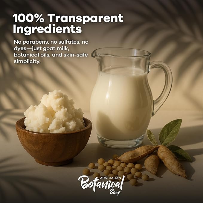 Australian Botanical Soap Goat Milk Soap Bar – Triple-Milled Body Cleanser with Shea Butter & Soya Bean Oil – Gentle Hydration for Sensitive Skin 6.8 oz – 1 Pack