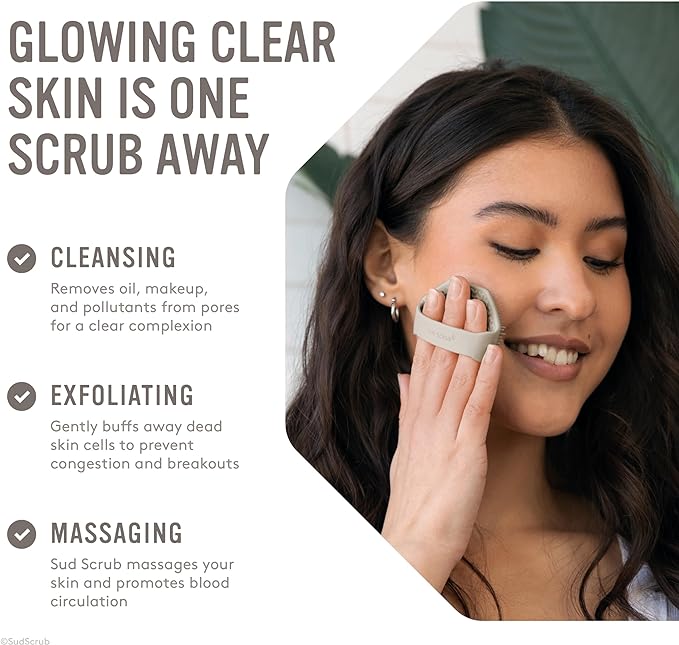 Sud Scrub® Antimicrobial Silicone Face Scrubber, 1 Pack, Gentle Face Exfoliator for Sensitive Skin, Eco Friendly Facial Cleansing Brush, Exfoliating Face Brush for Men and Women (Clay)