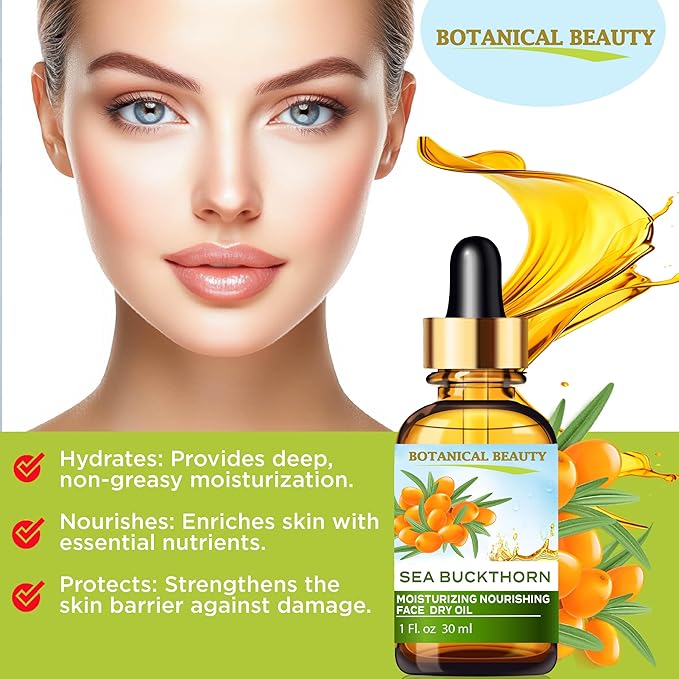 Botanical Beauty SEA BUCKTHORN MOISTURIZING NOURISHING FACE DRY OIL 100% Natural. 1 Fl oz 30 ml Rice Bran, Rosehip, Organic Argan, Sea Buckthorn Fruit Oil, Face Moisturizer, Rejuvenate, Anti-aging