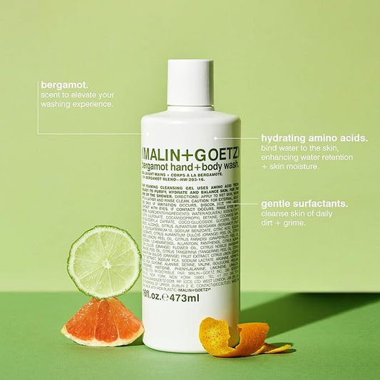 Malin + Goetz Essential Bergamot Purifying, Hydrating Hand + Body Wash, Natural Ingredients for All Skin Types, Soap for Sensitive, Dry Skin, No Stripping, Irritation, 16 Fl Oz